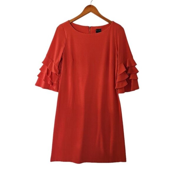 Gabby Style Orange Coral Midi‎ Shift Dress Bell Ruffle 3/4 Sleeve size 6 - Picture 2 of 16